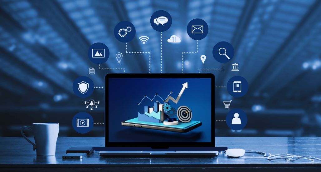 Creative marketing banner showing vibrant colors, abstract shapes, and business growth symbols in teal and dark blue tones